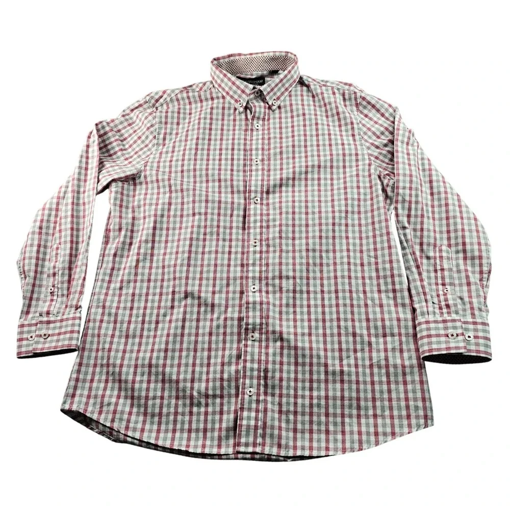 Nick Graham Dress Shirt Men's L Red Gray Gingham Modern Fit Collared Button Down
